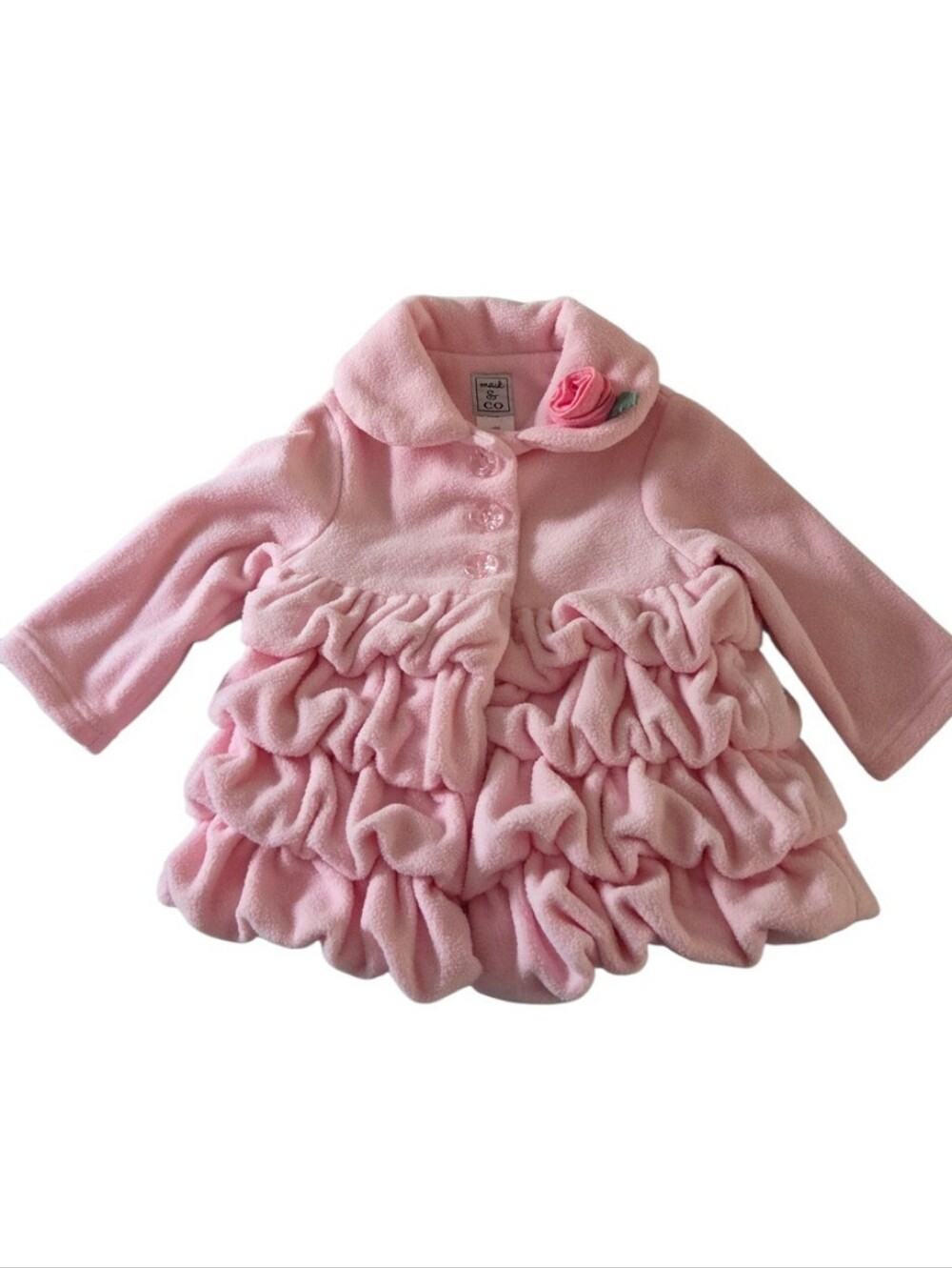 Mack & Co Baby Girls 18M Pink Fleece Ruffle Coat Jacket Rosette Button Front